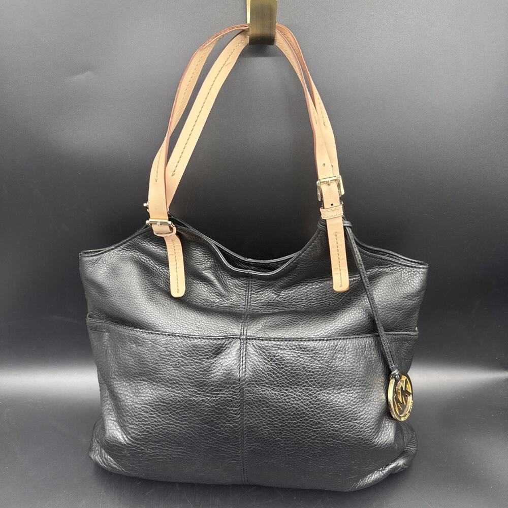 Michael Kors Black Pebbled Leather Zip Pockets Tote Shoulder Bag Purse